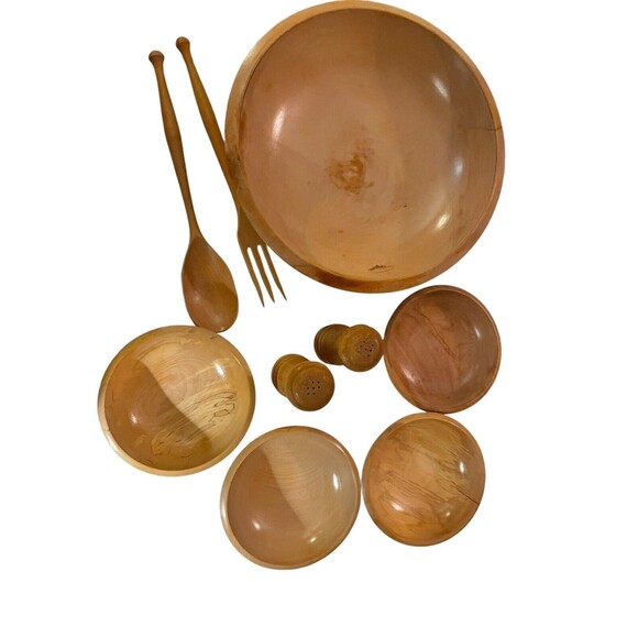 Woodpecker Woodware 9 Piece Salad Bowl Set VTG Light Wood MCM - Picture 2 of 5